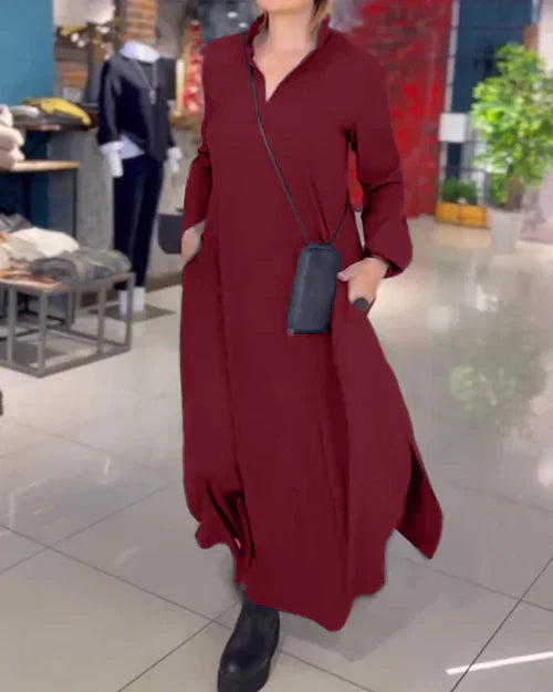 Vestido largo camisero con cuello abierto y bolsillos