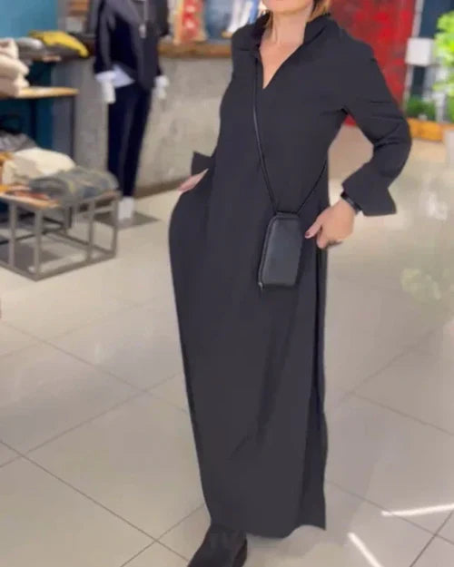 Vestido largo camisero con cuello abierto y bolsillos