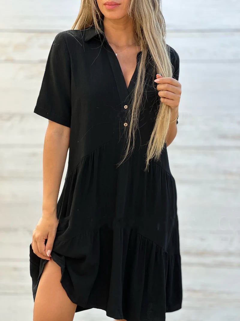 Vestido informal de manga corta de algodón y lino para mujer, holgado, liso y con solapas.
