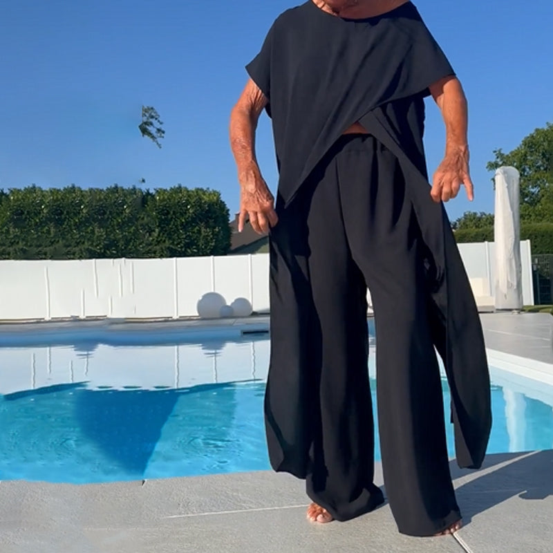 Conjunto de top y pantalón con hombros descubiertos en color liso