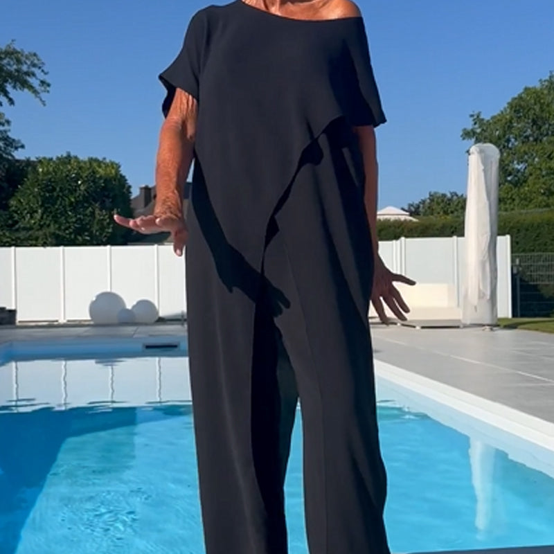 Conjunto de top y pantalón con hombros descubiertos en color liso