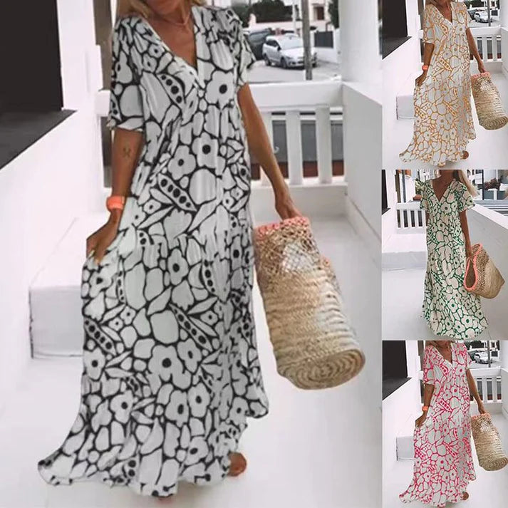 Vestido de verano estampado con cuello en V (LIQUIDACIÓN)