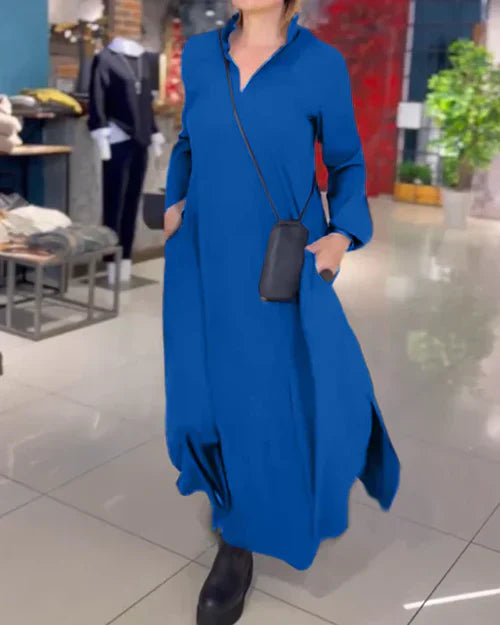 Vestido largo camisero con cuello abierto y bolsillos