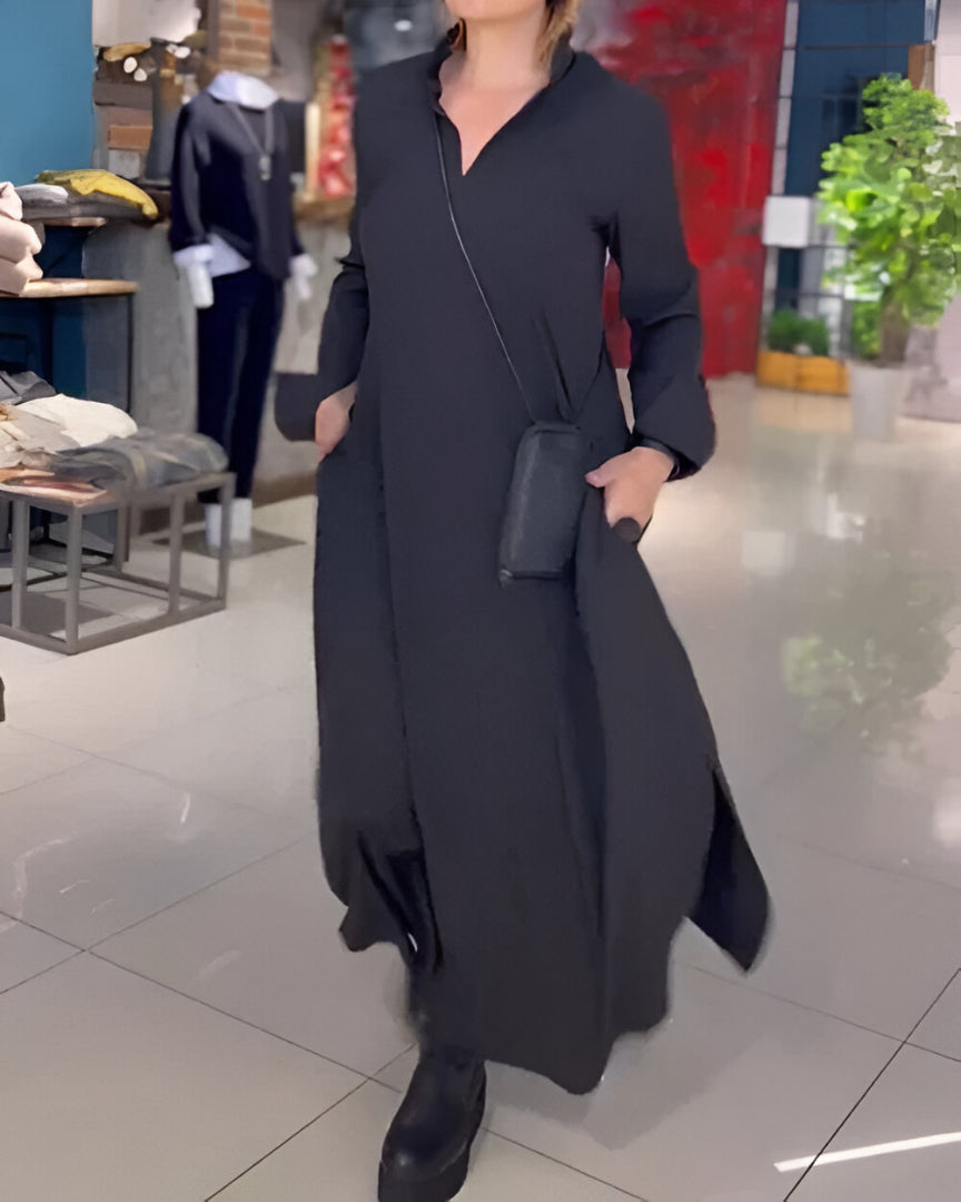 Vestido largo camisero con cuello abierto y bolsillos