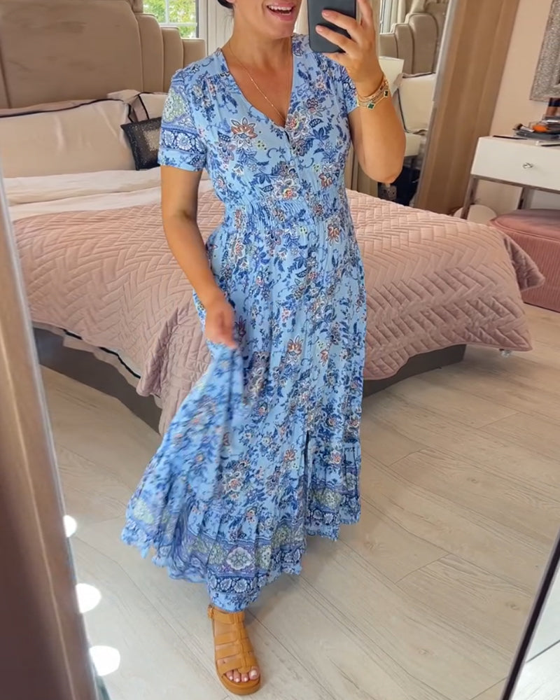 Vestido con cuello en V y estampado floral (💃Oferta especial - 48% de descuento🔥 Envío gratis)