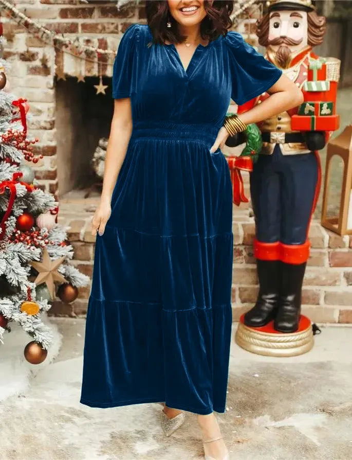 Vestido Largo de Terciopelo con Volantes para Mujer