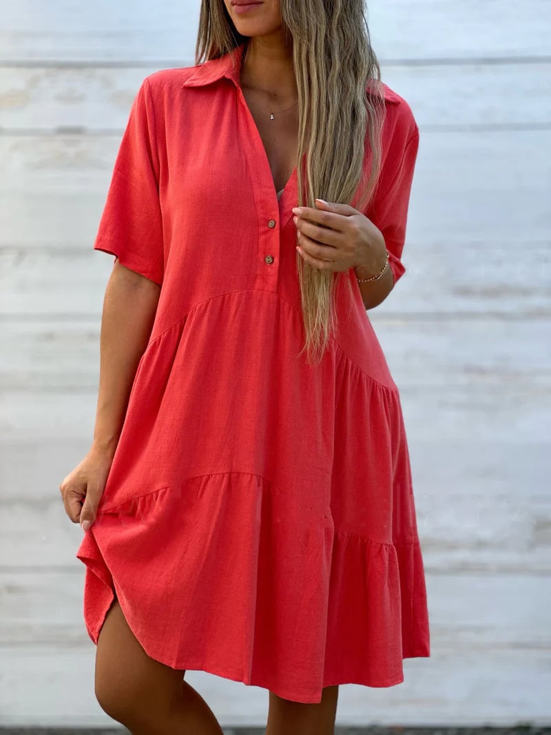 Vestido informal de manga corta de algodón y lino para mujer, holgado, liso y con solapas.