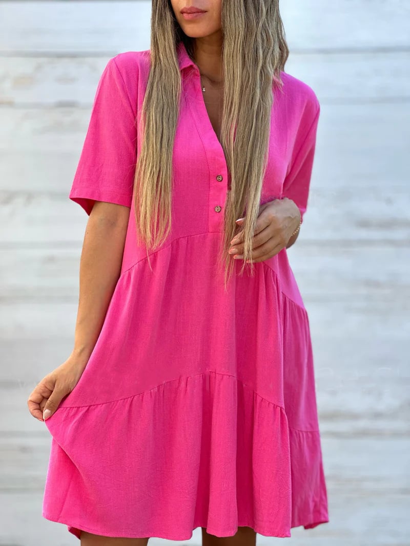 Vestido informal de manga corta de algodón y lino para mujer, holgado, liso y con solapas.
