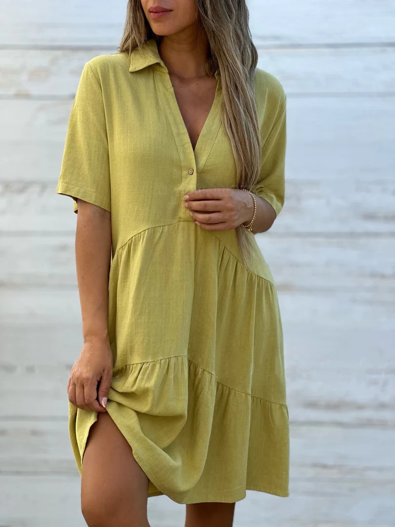 Vestido informal de manga corta de algodón y lino para mujer, holgado, liso y con solapas.