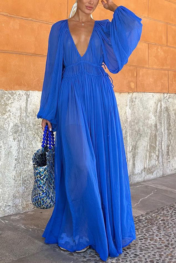 Vestido largo de gasa con cintura fruncida