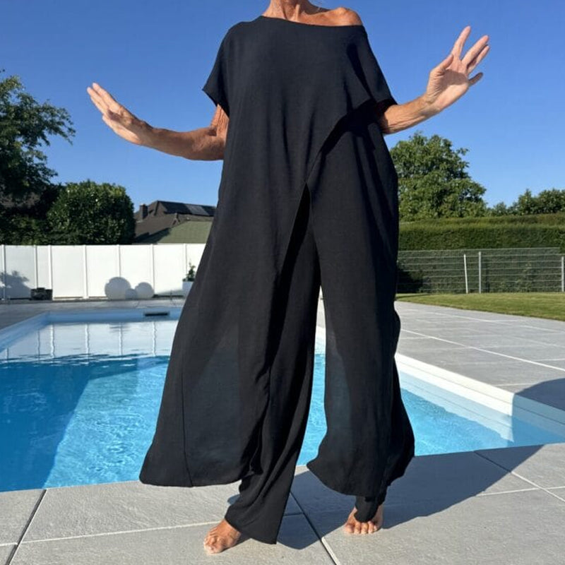 Conjunto de top y pantalón con hombros descubiertos en color liso