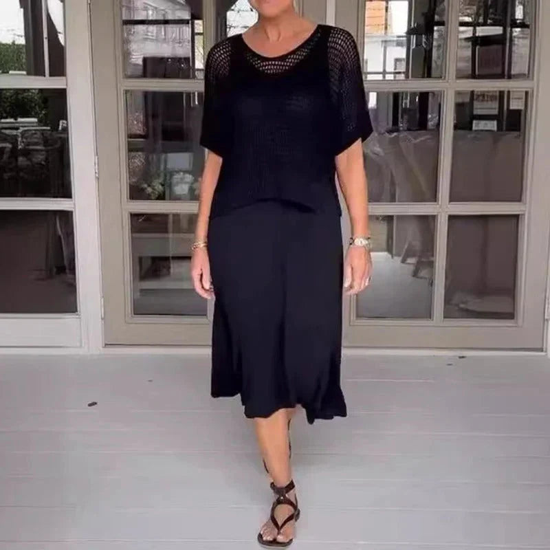 Conjunto de vestido midi con top calado de punto